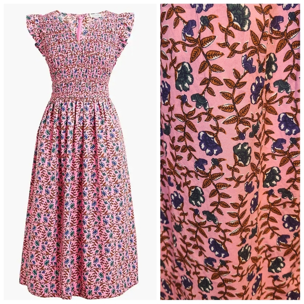 J. Crew Pink Floral Midi Dress with Blue and Brown Accents